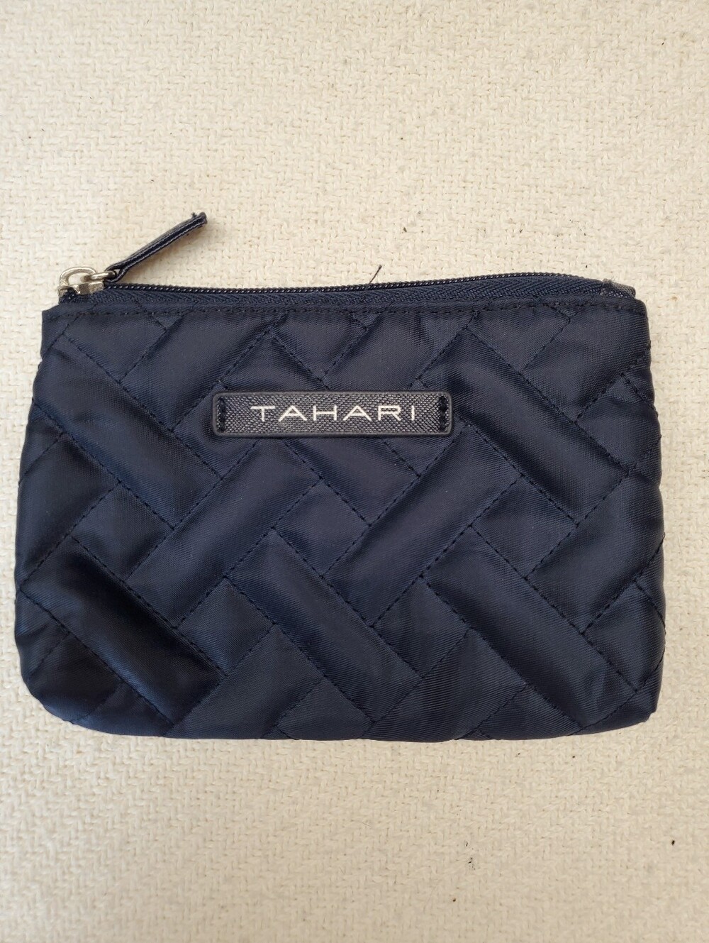 Tahari Navy Blue Quilted Zip Pouch Cosmetic Bag Coin Purse Small
